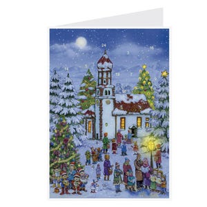 Toren in de sneeuw Richard Sellmer Verlag Traditionele Duitse adventskalenderkaart 105 x 155 mm met envelop en 24 deurtjes om te openen