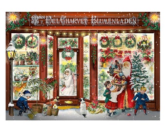 Op de afbeelding: Een vintage kerstscène toont een bloemenwinkel, "St. Paul Charvet Blumenladen," versierd met kransen en poinsettia's. De kerstman wordt omringd door kinderen, terwijl anderen schaatsen en sneeuw vegen. Een charmante vakantie-illustratie.