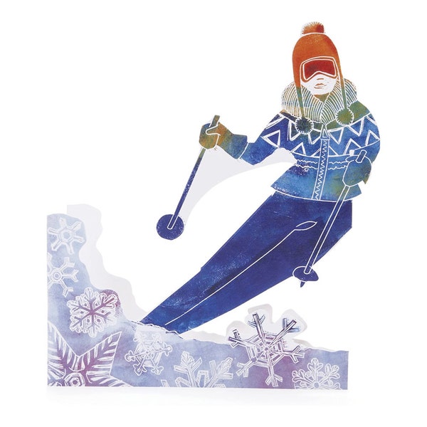 Girl Skier Judy Lumley 3D Greeting Card with Envelope from Lino Cut Artwork