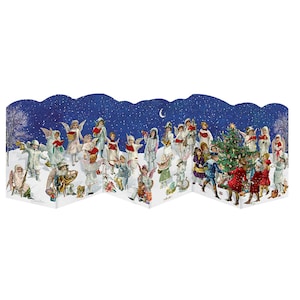 May include: A vintage Christmas card depicting a group of children and angels singing carols around a decorated Christmas tree. The scene is set against a blue night sky with stars and a crescent moon.