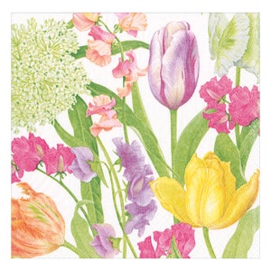 Può includere: Un design floreale colorato con tulipani rosa, viola, gialli e arancioni e piselli dolci. I fiori sono disposti in un bouquet con steli e foglie verdi.