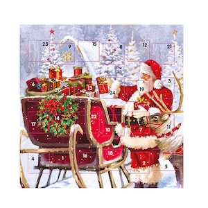 Weihnachtsmann Weihnachtsmann und Geschenke Adventskarte 159 x 159 mm weißer Umschlag weißer Umschlag mit Umschlag und 24 Türchen zum Öffnen