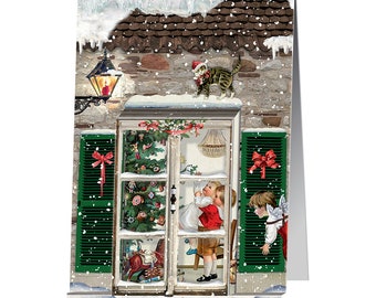 Cat Window 3 d Christmas Window Advent Calendar Card Pop up. Design Barbara Behr 11.5 x 16.5 cm Glitter and Envelope