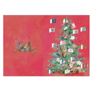 Floral Woodland Tree Red Wildlife adventskalenderkaart met envelop 170 x 120 mm Roger la Borde 24 kleine deurtjes om te openen