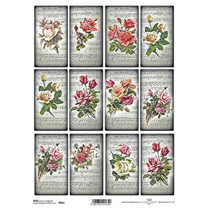 Set van 12 bloemen met muzieknoten Achtergronden Rijstpapier ITD A4 Rijstpapier Moerbeipapier voor decoupage 210 x 297 mm Gratis post in VK