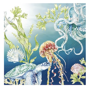 Tovaglioli di carta IHR "Deep Blue Sea Creatures", quadrati da 33 cm, a 3 veli