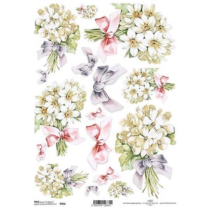 Witte bloemen en linten ITD A4 Rijstpapier Moerbeipapier voor decoupage 210 x 297 mm Gratis post in VK