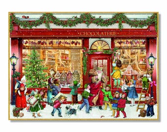 Op de afbeelding: Een feestelijke kerstscène toont een chocolaterie met het woord "CHOCOLATERIE" boven de ingang. Kinderen in winterkleding verzamelen zich buiten, terwijl de kerstman in de deuropening staat. De winkel is versierd met lichtjes en slingers.