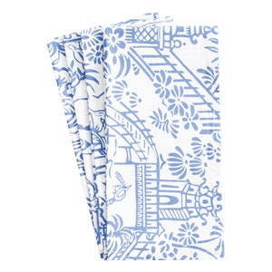 Pagoda Toile Azul Branco Caspari Conjunto de 4 guardanapos de algodão indiano impressos à mão 50 cm quadrados