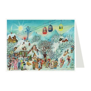 Village Skiing Richard Sellmer Verlag Traditionele Duitse adventskalenderkaart 105 x 155 mm met Env en 24 kleine deurtjes om te openen