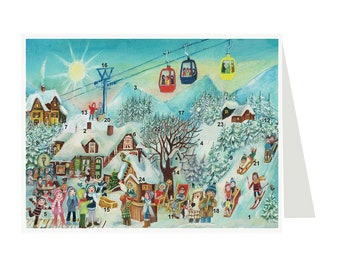 Village Skiing Richard Sellmer Verlag Traditional German Advent Calendar Card 105 x 155 mm with Env and 24 little doors to open
