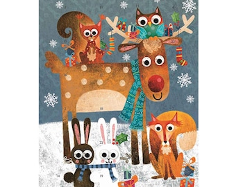 Può includere: Un'illustrazione festosa di una renna con una sciarpa blu, uno scoiattolo con una sciarpa rossa, una volpe con una sciarpa marrone e due conigli con sciarpe blu. Gli animali sono circondati da fiocchi di neve e regali di Natale.