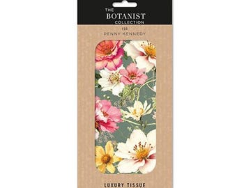 Könnte beinhalten: Eine Packung Luxus-Taschentücher aus der The Botanist Collection. Das Taschentuchdesign zeigt ein Blumenmuster mit rosa, weißen und gelben Blumen auf grünem Hintergrund. Die Packung ist 50 cm x 70 cm groß und enthält 4 Blätter.