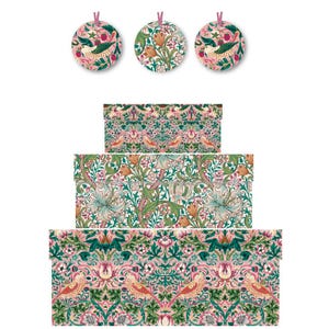 Puede incluir: Tres adornos redondos con cintas rosas, con diseños de pájaros y flores. Debajo, tres patrones rectangulares muestran intrincados motivos florales y de pájaros en tonos rosa, verde y naranja. Los diseños evocan una estética vintage.