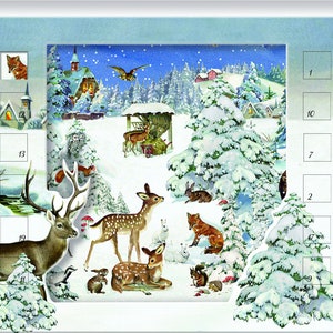 Tarjeta de calendario de adviento con paseo por el bosque invernal con efecto 3D Diseño de panel lenticular de Barbara Behr 6,5 x 11,5 cm Sobre con lámina dorada brillante