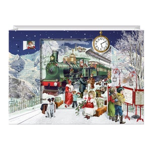Tarjeta de calendario de adviento con paseo por el bosque en invierno con tren Diseño de panel lenticular con efecto 3D de Barbara Behr 6,5 x 11,5 cm Sobre con purpurina y lámina dorada