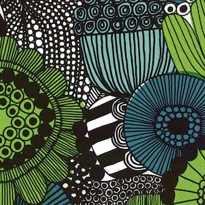 May include: Abstract floral pattern in shades of green, teal, black, and white. The design features stylized flowers and organic shapes with bold lines and circular patterns. The overall aesthetic is modern and graphic.