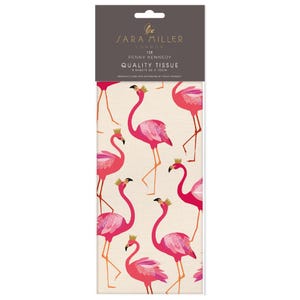 May include: Quality tissue featuring a pattern of pink flamingos wearing gold crowns on a cream background. The tissue is from Sara Miller London for Penny Kennedy. The packaging includes the text "Quality Tissue" and the dimensions 50 x 70cm.