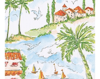 Servilletas de papel Caspari Mallorca Seaside Med, 33 cm, cuadradas, 3 capas, para almuerzo