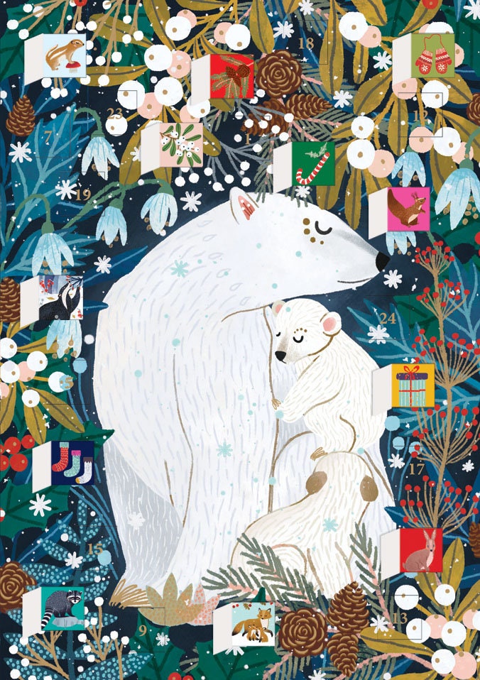Polar Bear Advent Calendar Card with envelope 170 x 120mm Roger la Borde 24 little doors to open