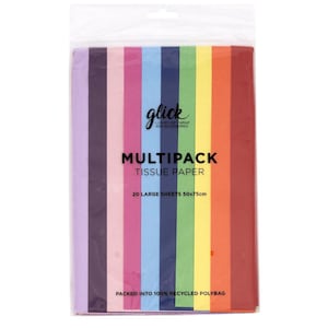 May include: A multipack of 20 large sheets of tissue paper measuring 50x75cm, packaged in a clear polybag. The paper features vertical stripes in lavender, dark purple, light pink, magenta, light blue, dark blue, green, yellow, orange, and red.