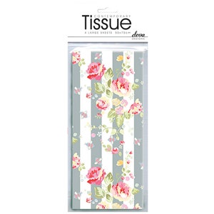 Può includere: Un pacchetto di carta velina contemporanea con un motivo floreale. La carta velina è bianca con strisce grigie e un motivo floreale rosa e bianco. La confezione riporta "Contemporary Tissue" e "4 Large Sheets 50x70cm Deva Designs".