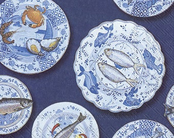 Seafood on a Plate Blue Fishes IHR Paper Table Napkins 33 cm square 3 ply lunch napkins