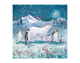 Arctic Christmas Polar Bear and Penguin Ling Advent Calendar Card 159 x 159 mm with Envelope and 24 little doors to open