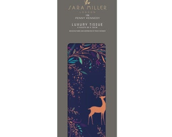 May include: A package of luxury tissue paper featuring a gold deer silhouette on a dark blue background with a floral pattern. The package is labeled "Sara Miller London for Penny Kennedy Luxury Tissue 4 sheets 50 x 70cm".