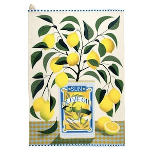 Może przedstawiać: Prostokątny ręcznik kuchenny z motywem drzewa cytrynowego. Drzewo znajduje się w puszce z napisem "SUN OLIVE OIL" w kolorze niebieskim i żółtym. Tło ma niebiesko-żółty wzór w kratkę.