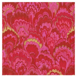 May include: A square paper napkin with a repeating floral pattern in shades of red, pink, and gold. The design features stylized, abstract flower shapes, creating a vibrant and eye-catching aesthetic. The napkin has a textured surface.