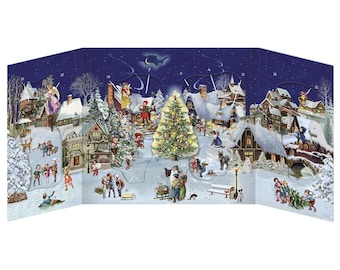 May include: A Christmas advent calendar featuring a winter village scene with snow-covered houses, a decorated Christmas tree, and figures of people. The calendar is in a tri-fold design with a dark blue sky background.