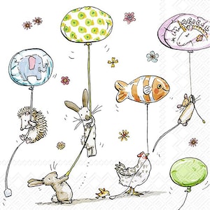 Pode incluir: Um fundo branco com uma variedade de animais segurando balões coloridos. Os balões são em forma de peixe, unicórnio, elefante e círculo verde. Os animais incluem um ouriço, um coelho, um rato e uma galinha.