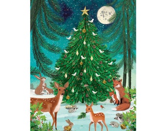 Winter Hideaway herten en boom Roger La Borde platte adventskalender 380 x 270 mm goudfolie