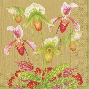 Caspari Slipper Orchid van Karen Kluglein Gold Paper Table Servetten 33 cm vierkant 3 laags lunch servetten