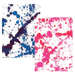 May include: Two abstract watercolor paintings with a splatter effect. The left painting is blue and dark blue, while the right painting is pink.
