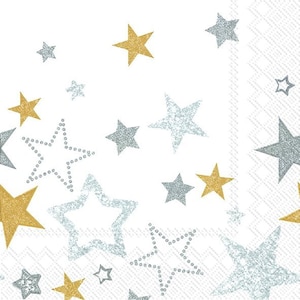 Tovaglioli di carta IHR Sparkling Stars White Gold da tavola, quadrati da 33 cm, a 3 veli