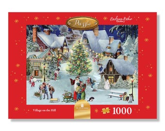 Könnte beinhalten: Ein 1000-teiliges Puzzle mit einer Winterdorf-Szene mit schneebedeckten Häusern, einem Weihnachtsbaum und Menschen. Das Puzzle ist in einem roten Rahmen mit goldenen Akzenten und dem Text "Village on the Hill" gehalten.