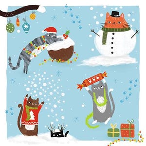 Paquete de 8 tarjetas navideñas benéficas con forma de gatos navideños, 160 x 160 mm, en el interior dice "Saludos festivos".