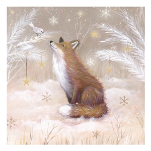 Tarjeta de calendario de adviento con adorable zorro y animales salvajes invernales Ilustración de Sarah Summers 15 x 15 cm Brillantina iridiscente Sobres de papel dorado