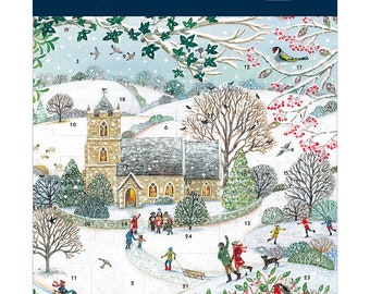 Snowy Church Adventskalenderkaart 160 x 160 mm Caltime met envelop met envelop met envelop en 24 kleine deurtjes om te openen