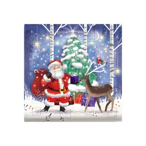 Kerstman en Hert met Boom Vierkante Adventskaart 153 x 153 mm met Envelop en 24 kleine deurtjes om te openen