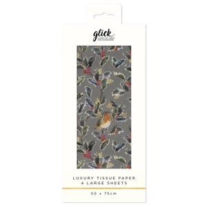 May include: Grey tissue paper featuring a holly and robin design. The packaging reads "Luxury Tissue Paper, 4 Large Sheets" and measures 50 x 75 cm.