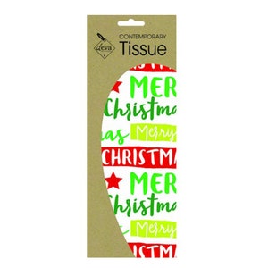 Può includere: Un rotolo di carta velina bianca con un motivo ripetuto di testo "Merry Christmas" in rosso e verde. La carta velina è confezionata in un involucro di cartone marrone con il testo "Contemporary Tissue" stampato su di esso.