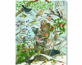 Può includere: Una decorazione da parete rettangolare con un'illustrazione ad acquerello dettagliata di vari uccelli appollaiati su un tronco d'albero e rami tra fogliame innevato, agrifoglio e vischio, con un nastro arancione.