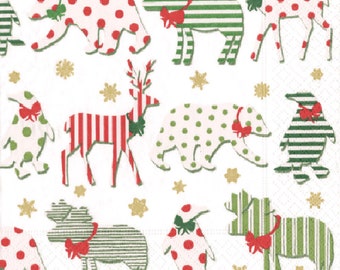 May include: A white background with a repeating pattern of various animals, including a reindeer, a bear, a moose, and a penguin. The animals are all decorated with red and green stripes and polka dots. The background is decorated with gold snowflakes.