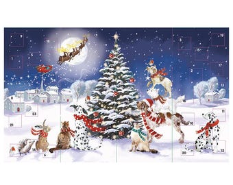 Può includere: Un calendario dell'avvento natalizio con una scena invernale innevata con un albero di Natale decorato, una slitta trainata da renne che vola nel cielo e un gruppo di animali, tra cui cani, gatti e un riccio. I numeri da 1 a 24 sono visibili sul calendario.