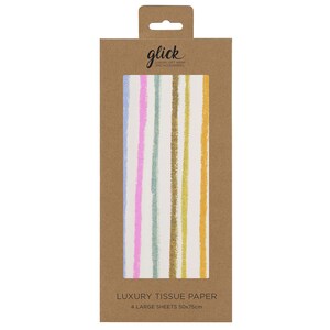 May include: A package of colorful striped tissue paper. The paper is white with stripes of pink, blue, green, and gold. The package says "glick luxury gift wrap and accessories" and "luxury tissue paper 4 large sheets 50x75cm".