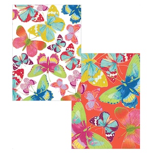 May include: Two sheets of wrapping paper with a butterfly pattern. One sheet is white with colorful butterflies, and the other sheet is orange with colorful butterflies.