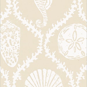 May include: A beige background with a white repeating pattern of seahorses, seashells, sand dollars, and seaweed.